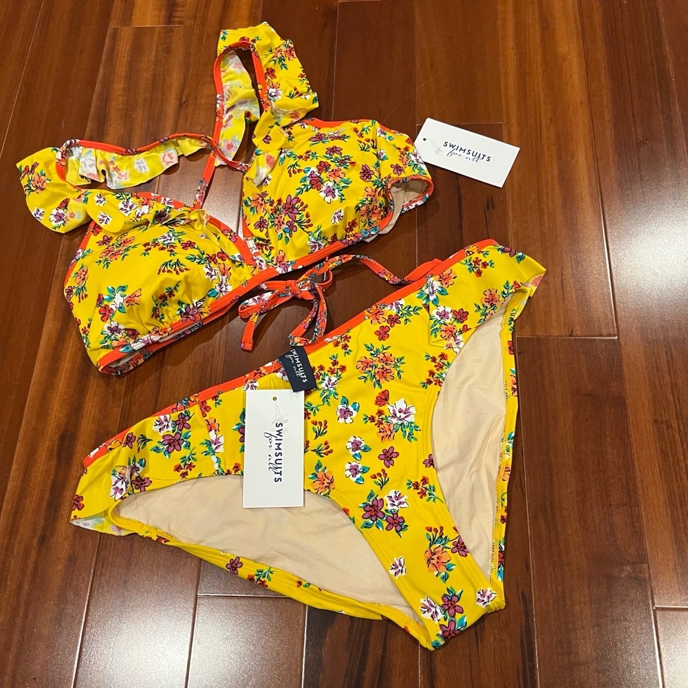 New NWT Swimsuits For All Yellow Bikini Set Swim Ruffle Floral Print Multi Sz 12
